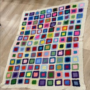 Handmade Multicolor Crochet Granny Square Quilt - Cream Border
